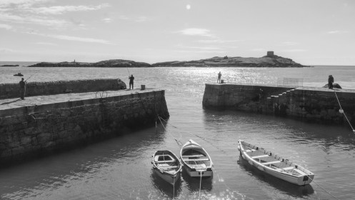 Gone Fishing Coliemore Harbour: Dalkey B&W