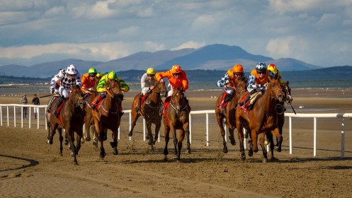 Horses approaching the finish line by John Coveney